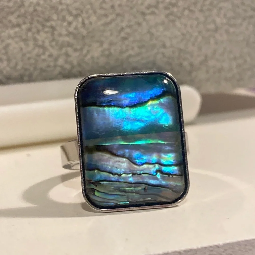 NEW Oversized Abalone Statement Ring Silver Boho Iridescent Shell Jewelry GIFT